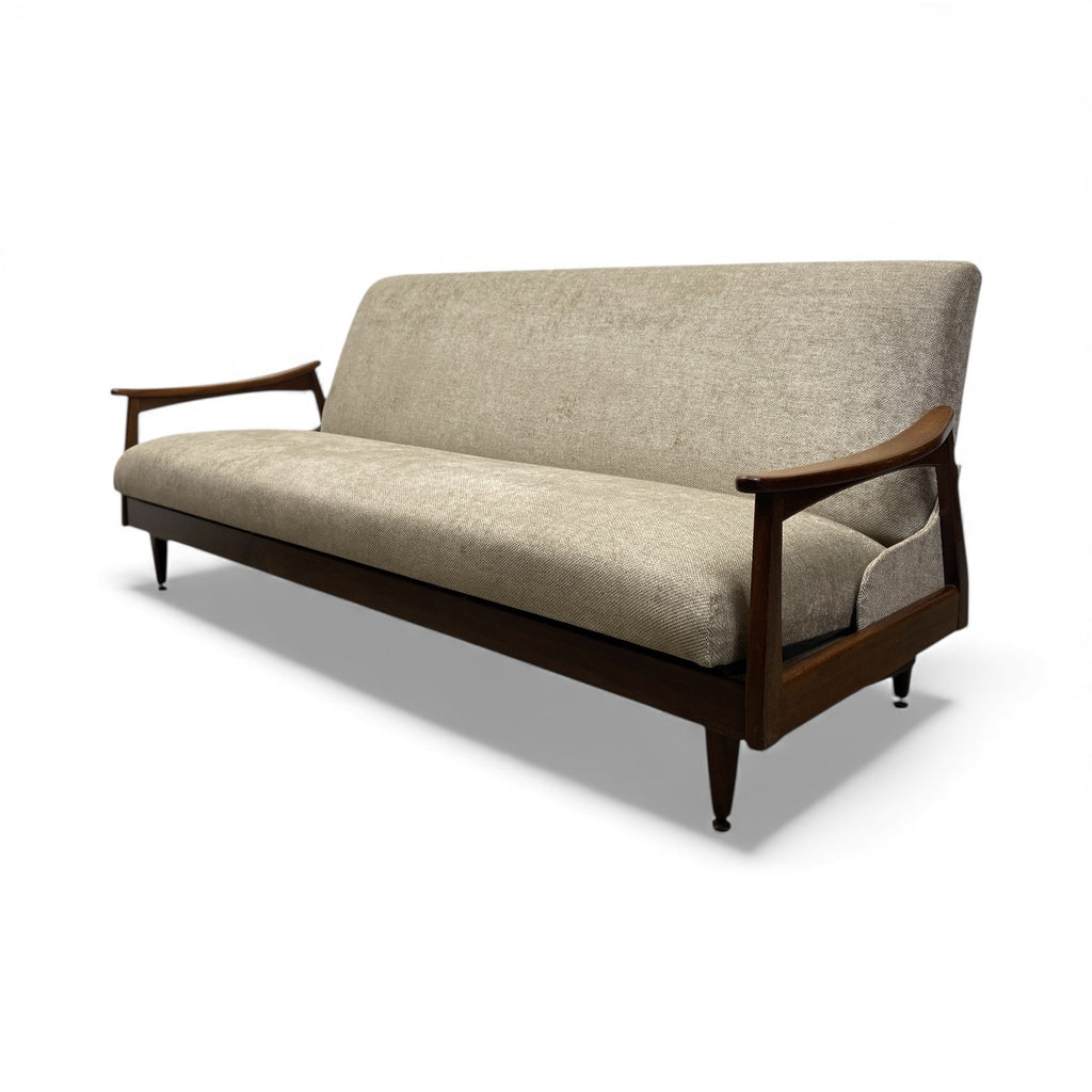 THREE SEATER SOFA IN CREAM & BROWN WOOD