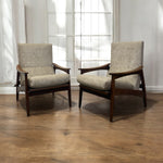 Load image into Gallery viewer, two lounge chairs on a wooden floor with white curtains
