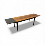 Load image into Gallery viewer, Long wooden table with a dark BLACK end on a white background
