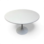 Load image into Gallery viewer, Round white table with a WHITE pedestal base on a white background
