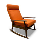 Load image into Gallery viewer, Orange rocking chair with wooden frame on a white background
