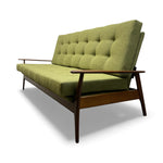 Load image into Gallery viewer, wooden and green fabric three seater soaf with buttons

