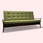 Load image into Gallery viewer, wooden arms and legs and green fabric three seater sofa
