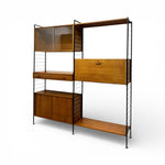 Load image into Gallery viewer, Wooden shelving unit with metal frame on a white background
