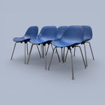 Load image into Gallery viewer, Four blue chairs with metal legs on a gray background

