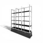 Load image into Gallery viewer, Black shelving unit with glass panels on a white background
