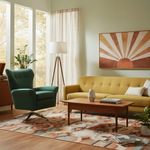Load image into Gallery viewer, Living room with green armchair, yellow sofa, wooden coffee table, and abstract wall art.
