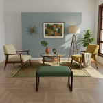 Load image into Gallery viewer, Modern living room with wooden chairs, ottoman, and decorative items.

