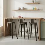 Load image into Gallery viewer, Three metal bar stools in front of a wooden KITCHEN ISLAND with shelves in a kitchen setting.
