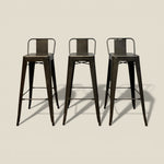 Load image into Gallery viewer, Three metal bar stools with backrests on a beige background
