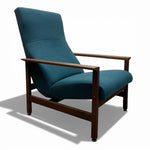 Load image into Gallery viewer, Teal armchair with wooden frame on a white background
