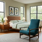 Load image into Gallery viewer, Modern bedroom with a bed, chair, and large windows.
