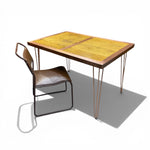 Load image into Gallery viewer, Yellow table with wooden surface and metal legs, accompanied by a matching chair on a white background
