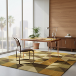 Load image into Gallery viewer, Modern office space with a wooden desk, chair, and geometric patterned rug.
