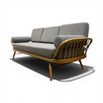 Load image into Gallery viewer, Gray sofa with wooden frame on a white background
