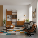 Load image into Gallery viewer, A SITTING ROM WITH A WALL SHELVING SYSTEM IN A MIDCENTURY LIVING ROOM
