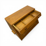 Load image into Gallery viewer, Wooden jewelry box with open lid and one drawer on a white background
