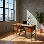 Load image into Gallery viewer, Wooden desk with chair in a room with a large window and brick wall.
