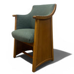 Load image into Gallery viewer, Chair with wooden frame and green cushion on a white background
