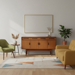 Load image into Gallery viewer, Living room with wooden sideboard, yellow sofa, green armchair, and decorative elements.
