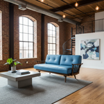 Load image into Gallery viewer, Modern living room with a blue sofa, coffee table, and exposed brick walls.
