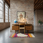 Load image into Gallery viewer, Wooden desk with decorative items against a brick wall in a modern room.
