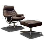 Load image into Gallery viewer, A dark brown leather recliner chair with a matching ottoman, both featuring chrome metal star bases, shown on a white background with soft drop shadows.
