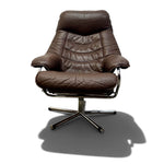 Load image into Gallery viewer, A mid-century modern brown leather swivel lounge chair with a chrome star base, shown against a white background with a soft shadow.
