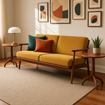 Load image into Gallery viewer, A mid-century modern two-seater sofa with a mustard yellow fabric and a dark wood frame, styled in a warm living room with two accent pillows, a side table with a lamp, and framed wall art.
