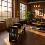 Load image into Gallery viewer, A rustic wooden bench with black metal frame and white painted seat numbers 'E 5T09' sits in a warm, sunlit loft living room with brick walls, large windows, and potted plants.
