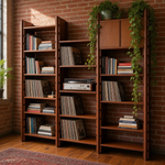 Load image into Gallery viewer, A three-piece wooden bookshelf set in a warm medium brown finish, styled with vinyl records, books, and a turntable against a red brick wall with trailing green plants.

