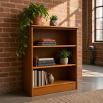 Load image into Gallery viewer, A three-tier wooden bookcase with a warm medium-brown finish, styled with books, potted plants, and a small ceramic vase in a room with a brick wall and window.
