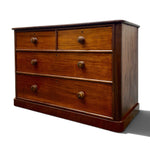 Load image into Gallery viewer, A vintage wooden chest of drawers with six drawers, featuring a warm medium-brown wood finish, brass hardware, and a dark wood top, photographed on a white background.
