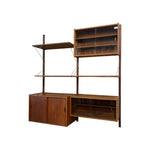 Load image into Gallery viewer, A mid-century modern wooden wall-mounted shelving unit with glass-front cabinets and open shelves, shown against a plain white background.
