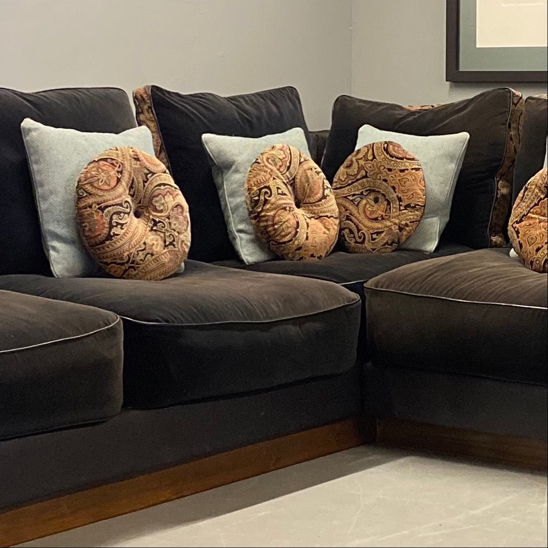 Paisley Cushions & Black Velvet Sofa